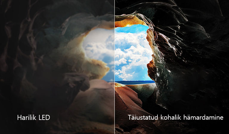 Vaatepilt koopa seest, kust avaneb vaade selle sissepääsuni, kus on näha sinine taevas ja horisont. Kogu stseen on jagatud pooleks, et näidata QNEDi täiustatud kohaliku hämardamise võimekust. Ühelt poolt on värvid ja detailid välja uhutud ning visuaal tundub porine. Silt ütleb: Harilik LED. Teisel pool on suurepärased mustad, parem kontrast, heledus ja värv. Silt ütleb: Täiustatud kohalik hämardamine. 