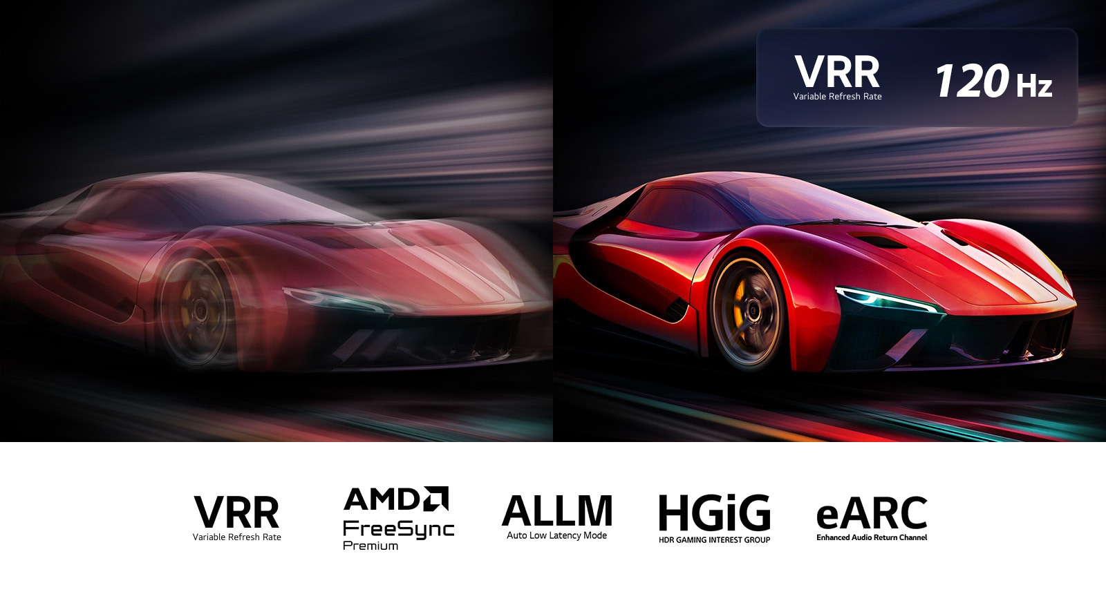 Kaks kõrvuti pilti autost videomängus. Ühel pildil paistab suur liikumishägu. Teine on terav ja fookuses, mis demonstreerib LG QNED TV teleri kõrget kaadrisagedust.