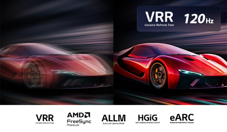 Kaks kõrvuti pilti autost videomängus. Ühel pildil paistab suur liikumishägu. Teine on terav ja fookuses, mis demonstreerib LG QNED TV teleri kõrget kaadrisagedust.