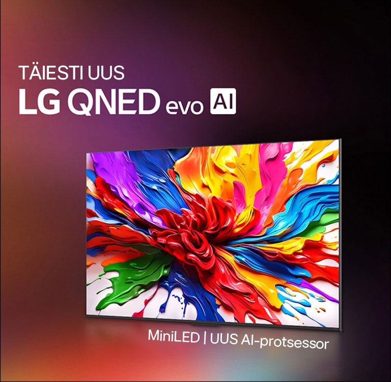 LG QNED TV teler värvirohkel tumedal taustal. Ekraanil on hele ja värviline kunstiteos, mis toob esile QNED-i värvitehnoloogia ning selle võime kuvada suure kontrastsusega laia värvispektrit. Näha on uus LG QNED evo AI logo. Subtiitrites rõhutatakse QNED-i MiniLED-tehnoloogiat ja uut alpha AI-protsessorit. Selle pealkiri on „Iga värv on uuesti määratletud, algab uus kogemus“.