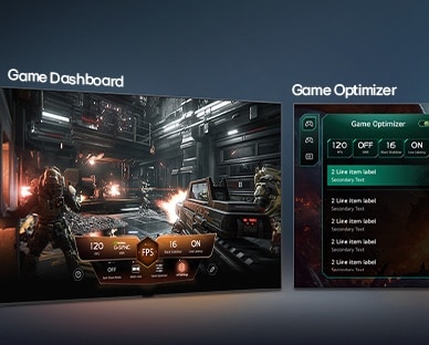 LG QNED evo AI QNED85 Mini LED koos Game Dashboardi ja Optimizeriga näitab kõrvuti mängiekraane ning ekraanil kuvatavat menüüd mängusätete, nagu värskendussagedus, latentsus ja visuaalsed režiimid, reaalajas kohandamiseks.