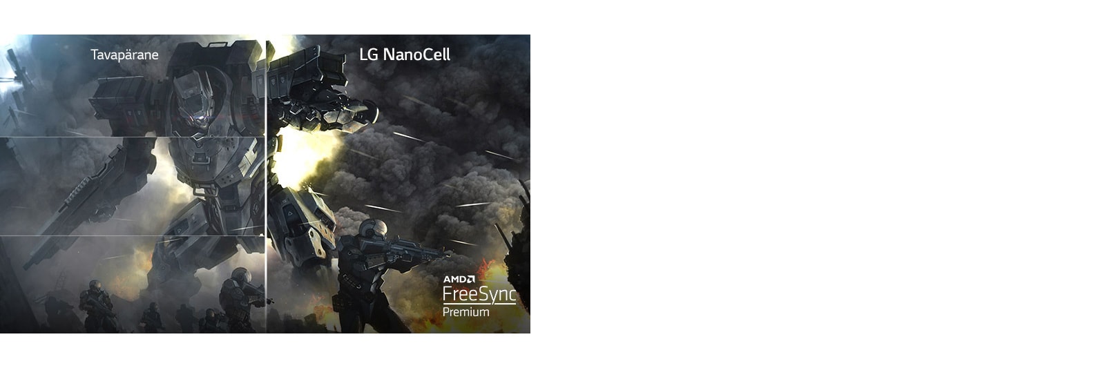 Stseen mängust, ühel pool lainetava pildiga tavateleris ja teisel pool ilma lainetuseta LG NanoCell-teleris