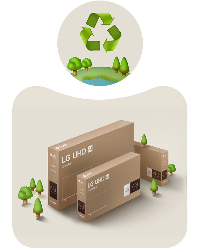 LG UHD pakend beežil taustal koos illustreeritud puudega. 