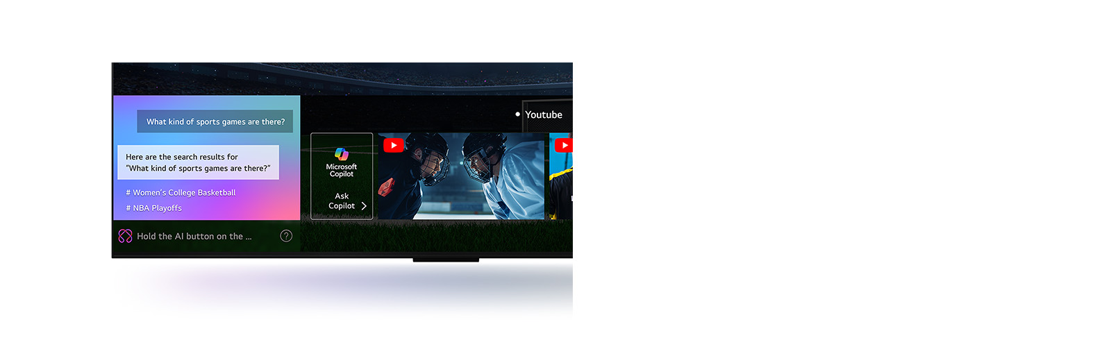 Lähivõte LG QNED TV teleriekraanist näitamas, kuidas AI-otsing toimib. Avatud on väike vestlusaken, mis näitab, kuidas kasutaja küsis, millised spordimängud on saadaval. AI-otsing vastas vestluse kaudu ja näitab saadaoleva sisu pisipilte. Olemas on ka päring, mille kaudu saab Microsoft Copilotilt küsida. 