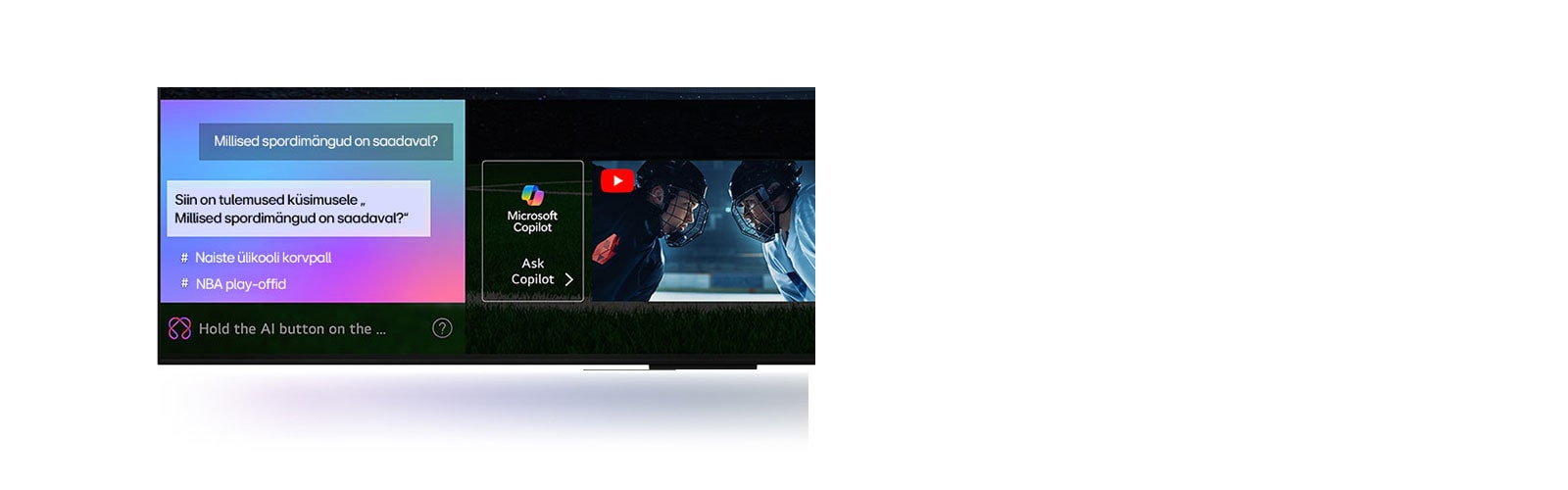 Lähivõte LG QNED TV teleriekraanist näitamas, kuidas AI-otsing toimib. Avatud on väike vestlusaken, mis näitab, kuidas kasutaja küsis, millised spordimängud on saadaval. AI-otsing vastas vestluse kaudu ja näitab saadaoleva sisu pisipilte. Olemas on ka päring, mille kaudu saab Microsoft Copilotilt küsida. 