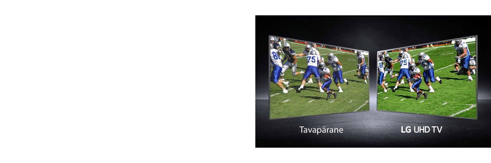 Una foto di giocatori di football che giocano sul campo da diverse angolazioni.  Un'immagine ha uno schermo standard e l'altra una TV UHD.