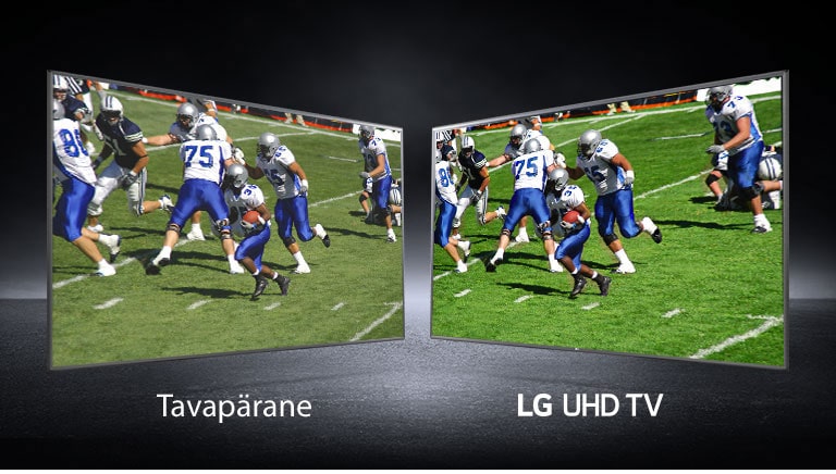 Väljakul mängivaid jalgpallureid kujutav pilt eri nurkade alt. Ühel pildil on tavaekraan ja teisel UHD teler.