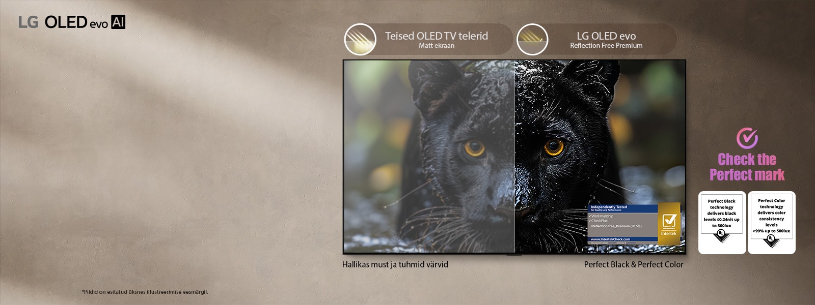 Jaaguari pilti kasutav poolitatud ekraaniga võrdlus näitab peegeldusevastast matti kuvarit hallika musta tooni ja tuhmide värvidega, samas kui LG OLED evo AI koos Reflection Free Premiumiga pakub Perfect Blacki ja Perfect Colorit koos rikkalikuma detailsusega, mida toetavad Interteki ja UL sertifikaadid.