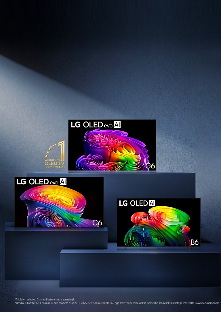 LG uus 2026. aasta OLED TV telerite valik tutvustab mudeleid B6, W6, G6 ja C6, millest igaüks kuvab eredaid, selgeid ja rikkalikult detailseid abstraktseid kujutisi mustal taustal, õhukese sileda raamiga laial ekraanil.