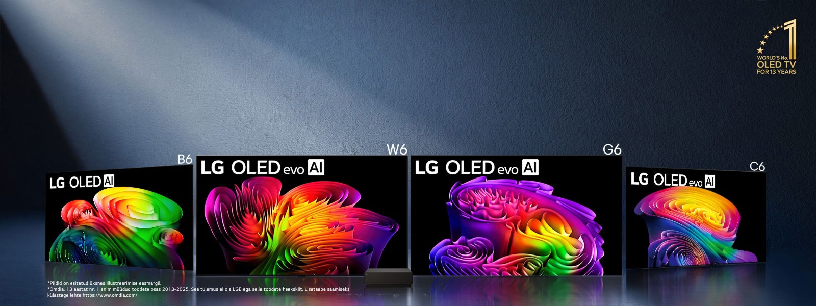 LG uus 2026. aasta OLED TV telerite valik tutvustab mudeleid B6, W6, G6 ja C6, millest igaüks kuvab eredaid, selgeid ja rikkalikult detailseid abstraktseid kujutisi mustal taustal, õhukese sileda raamiga laial ekraanil.