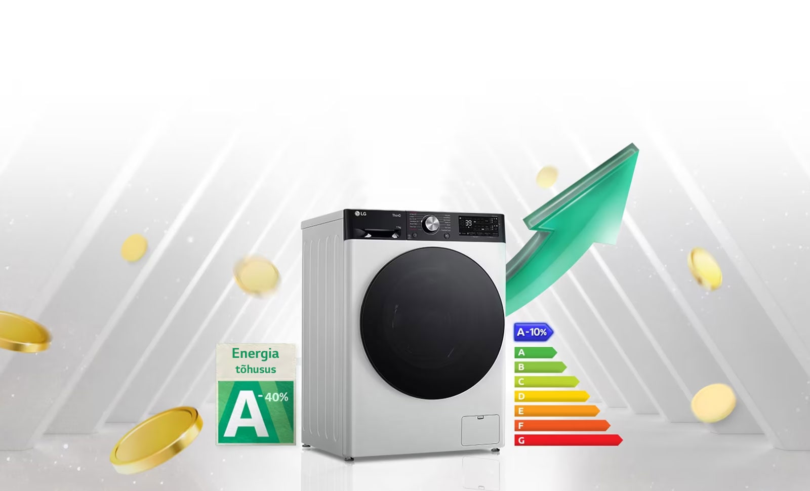A-10% kõrge energiatõhususe klass ja energiatõhususe diagramm kuvatakse pesumasina kõrvale. Pesumasina taha ilmub roheline ülespoole suunatud nool.