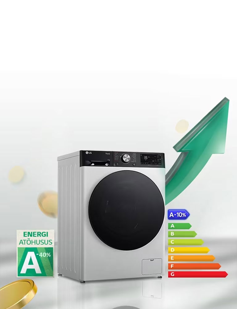 A-10% kõrge energiatõhususe klass ja energiatõhususe diagramm kuvatakse pesumasina kõrvale. Pesumasina taha ilmub roheline ülespoole suunatud nool.