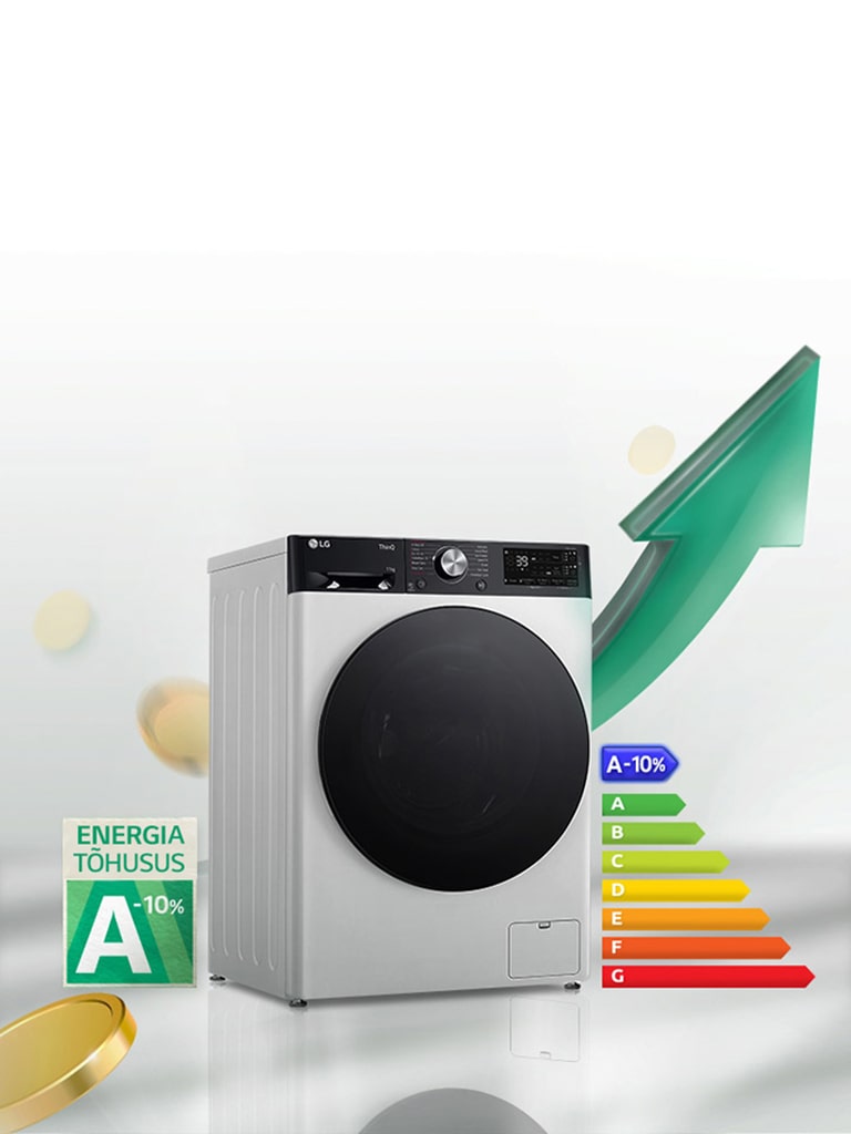 The A-10% high efficiency energy rating label and the energy rating graph are displayed next to the washing machine. Behind the washing machine, the green arrow appears in the upward direction.