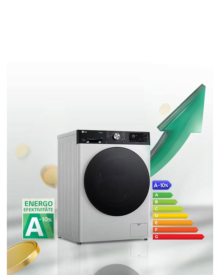 A-10% kõrge energiatõhususe klass ja energiatõhususe diagramm kuvatakse pesumasina kõrvale. Pesumasina taha ilmub roheline ülespoole suunatud nool.