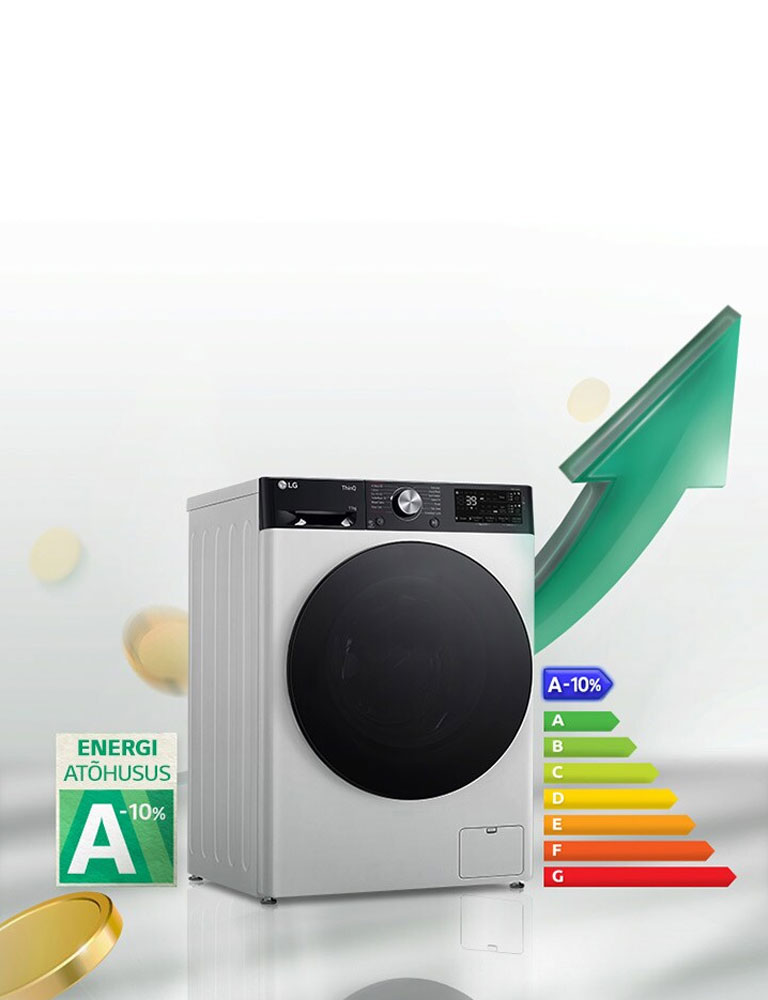 A-10% kõrge energiatõhususe klass ja energiatõhususe diagramm kuvatakse pesumasina kõrvale. Pesumasina taha ilmub roheline ülespoole suunatud nool.