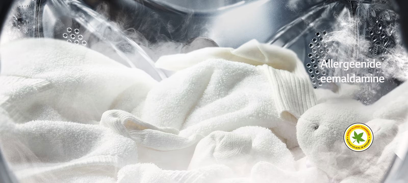 Pesumasina trumlis on kujutatud pehmet valget hommikumantlit ja pehmet mänguasja läbi auru.