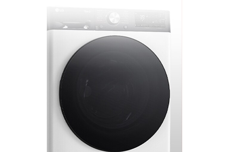 Karastatud klaasist uksega pesumasina kujutis on selgelt nähtav.