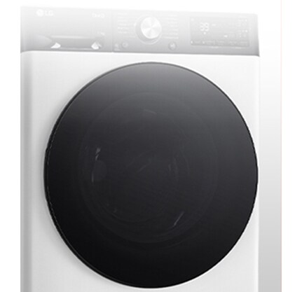 Karastatud klaasist uksega pesumasina kujutis on selgelt nähtav.