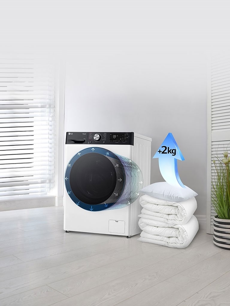 Tekid ja padjad on pesumasina kõrval ning padjal on nool, mis tõstab mahtu 2 kg võrra.