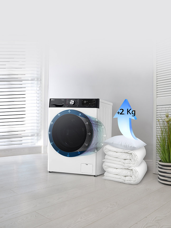 Tekid ja padjad on pesumasina kõrval ning padjal on nool, mis tõstab mahtu 2 kg võrra.