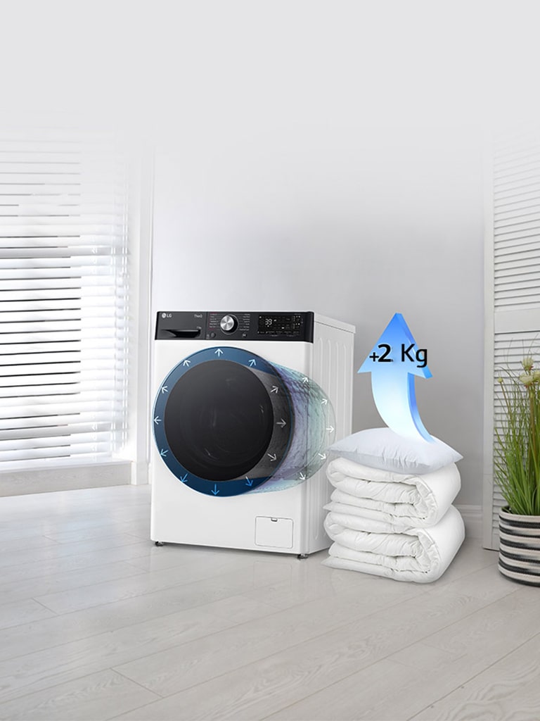 Tekid ja padjad on pesumasina kõrval ning padjal on nool, mis tõstab mahtu 2 kg võrra.