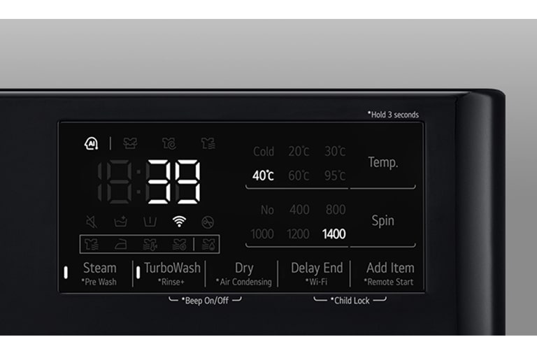 See on suurendatud kujutis pesumasina paneelist nii, et ekraan on selgelt nähtav.