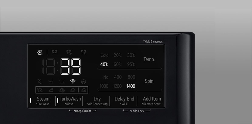 See on suurendatud kujutis pesumasina paneelist nii, et ekraan on selgelt nähtav.