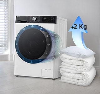 Tekid ja padjad on pesumasina kõrval ning padjal on nool, mis tõstab mahtu 2 kg võrra.
