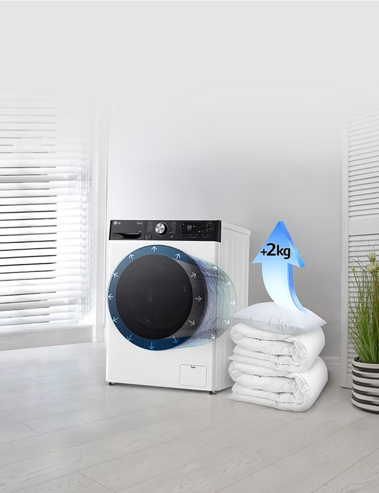 Tekid ja padjad on pesumasina kõrval ning padjal on nool, mis tõstab mahtu 2 kg võrra.