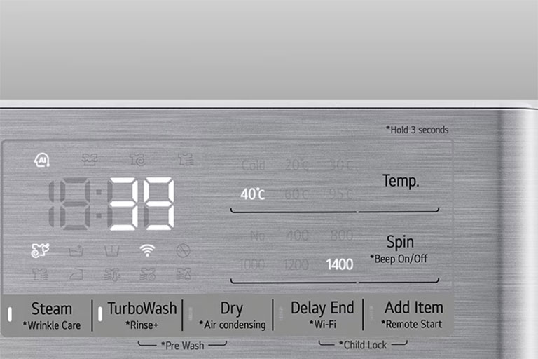 See on suurendatud kujutis pesumasina paneelist nii, et ekraan on selgelt nähtav.