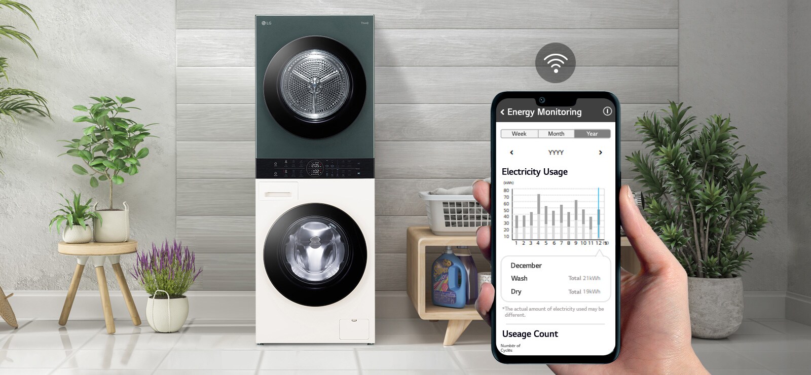 Pesumasin pesuruumis. Telefoni hoidev käsi näitab kaamerale ekraani ja ekraanil kuvatakse hooldusteave ja energiakasutus koos WiFi sümboliga ekraani kohal.