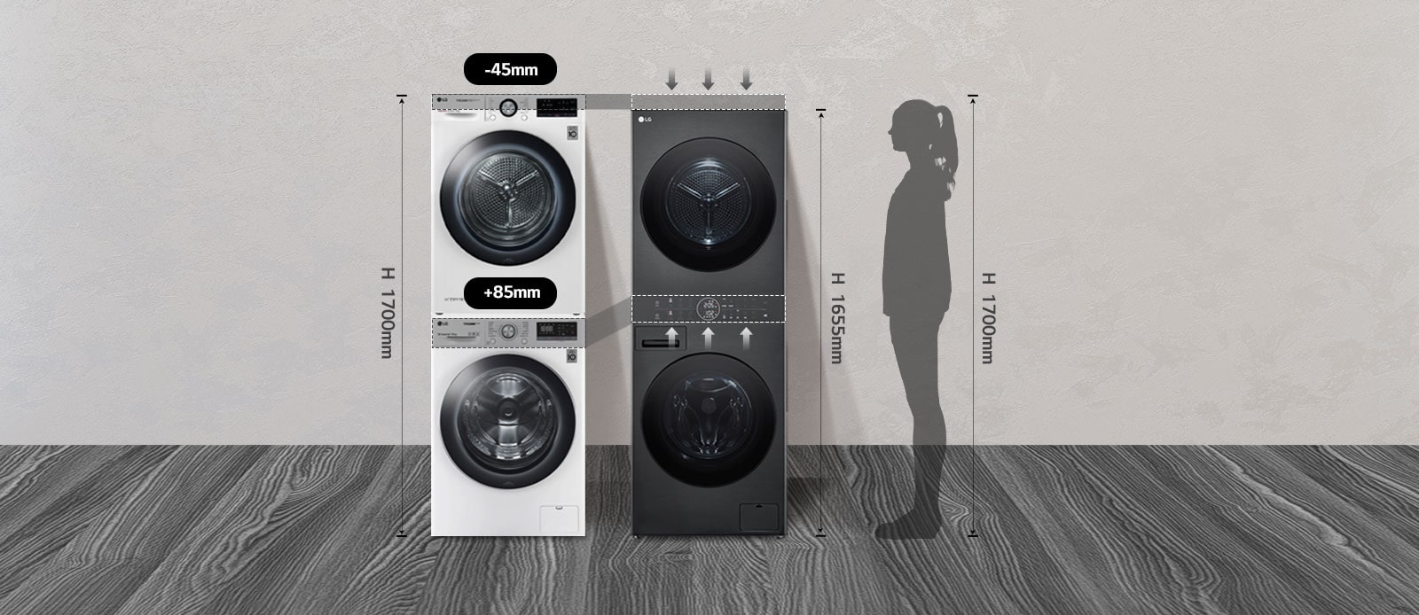 WashToweri kõrval on kohakuti paigutatud pesumasin ja kuivati, mis toob esile 45 mm madalama kõrguse ja 85 mm kõrgema juhtpaneeli.