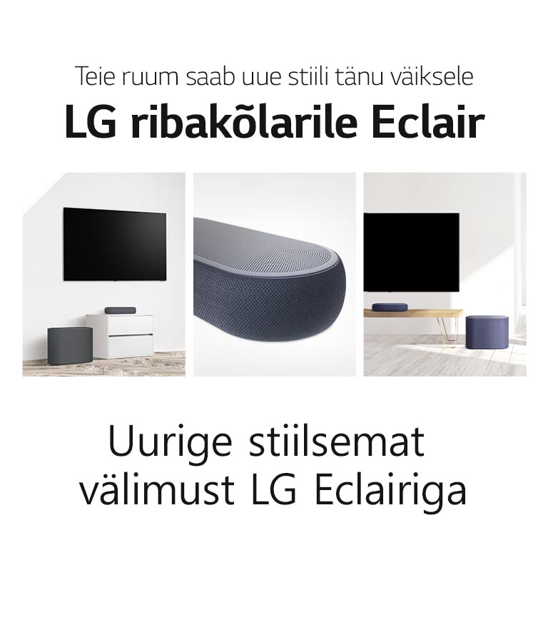 Kollaaž kolmest kujutisest – vasakul ribakõlar ja bassikõlar valges elutoas, keskel lähivaade ribakõlar paremast küljest, paremal ribakõlar ja bassikõlar, mis on puust kapil.