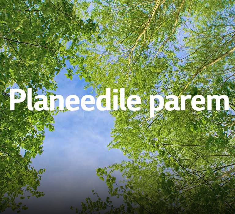 A green image full of rich leafy trees and a sky is showing in-between. The main copy says "better for the planet" in bold font size