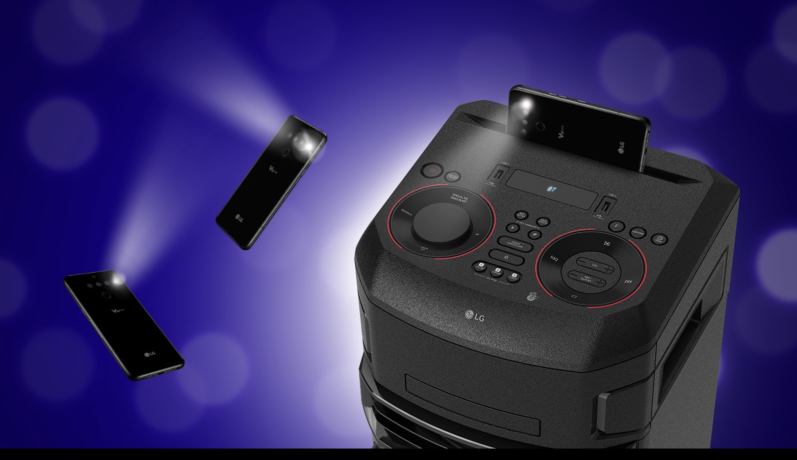 Pealt lähivaade LG XBOOMile Selle ümber hõljuvad kaks vilkuvat mobiiltelefoni.