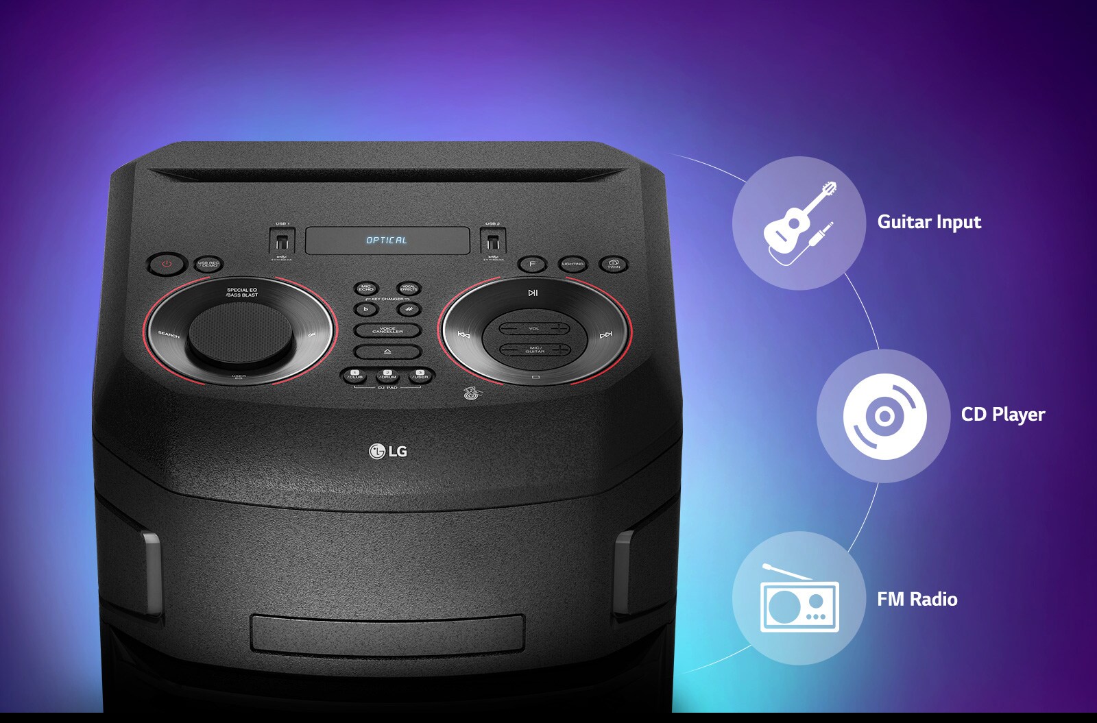 Lähivaade LG XBOOMi ülaosast, toote ümber on ühenduvust märkivad ikoonid.