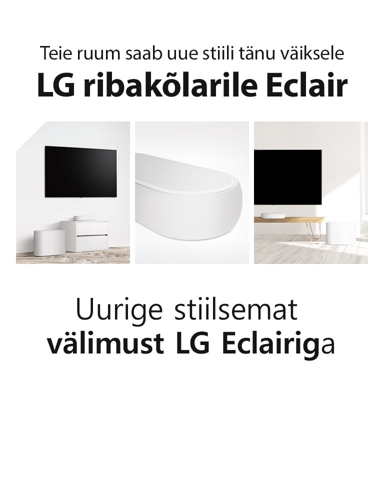 Kollaaž kolmest kujutisest – vasakul ribakõlar ja bassikõlar valges elutoas, keskel lähivaade ribakõlar paremast küljest, paremal ribakõlar ja bassikõlar, mis on puust kapil.