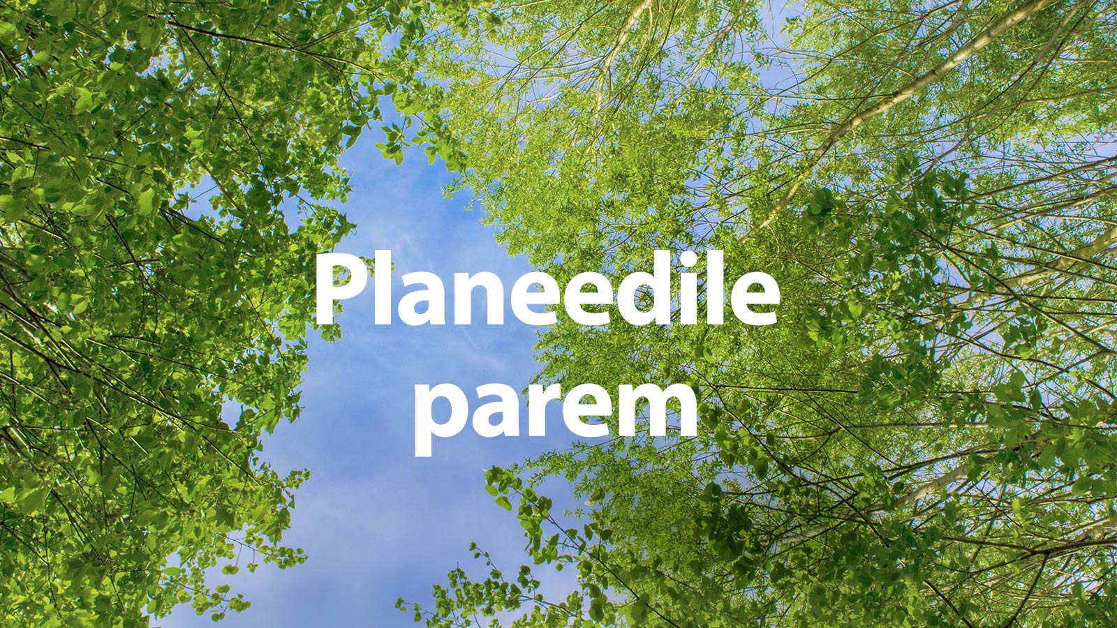 Roheline pilt, millel on lopsakad lehti täis puud, nende vahelt paistab taevas. Paksus kirjas tekst ütleb „planeedile parem“.