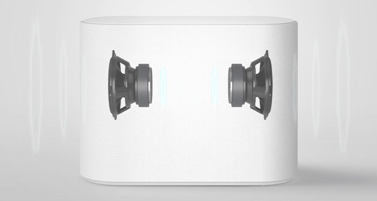 Bassikõlar valgel põrandal. Näidatakse kaht komponenti bassikõlaris.