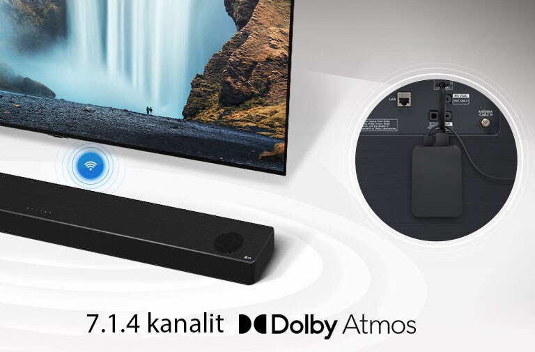 WOWCAST ja teler on asetatud helehallile taustale. Teleriekraanil on kose pilt. Teleri ja Soundbari vahel on juhtmevaba ühenduse ikoon. Pildi paremas nurgas on ka väike pilt teleri tagaküljest, kuhu on kinnitatud ja ühendatud WOWCAST.