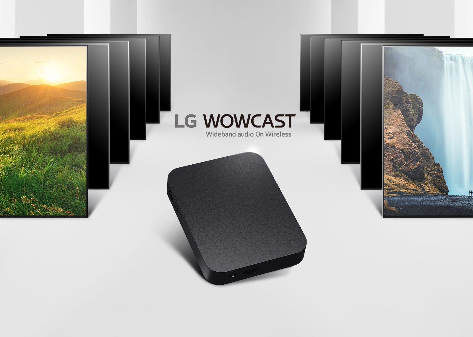 Paremal ja vasemal pool on mitu telerit. Pildi keskel on WOWCASTi toode. LG WOWCASTi tootelogo on paigutatud paremale keskele toote kohale.