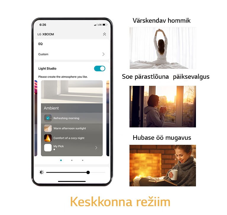 "Pilt mobiiltelefonist, kus APP ekraan on sisse lülitatud keskkonna režiimis. Pildid naistest, kes istuvad voodil meenutades ja venitades, vaatavad päikeseloojangut või teevad raamatu lugemises pausi."