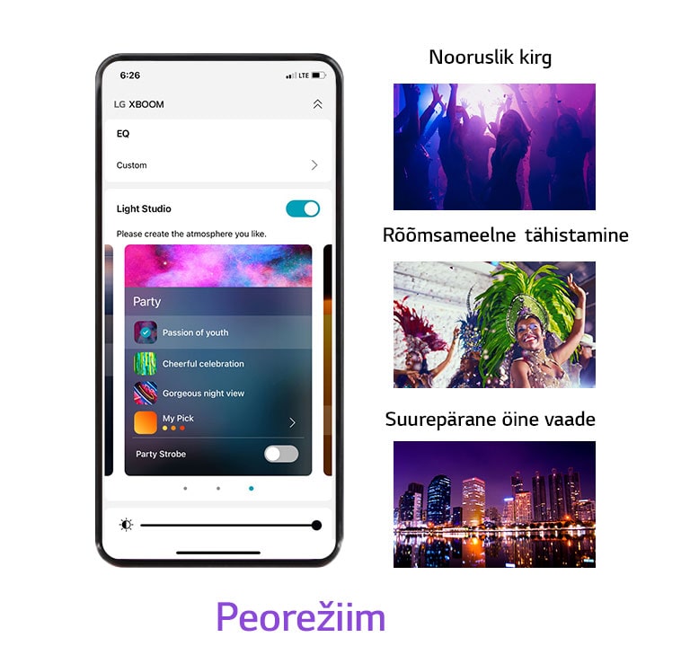 "Pilt mobiiltelefonist, mille APP-ekraan on sisse lülitatud peorežiimis. Siluettpildid klubides tantsivatest inimestest. Pilt naisest, kes kannab värvilisi peorõivaid. Öine vaade neoonvärvides linnale."