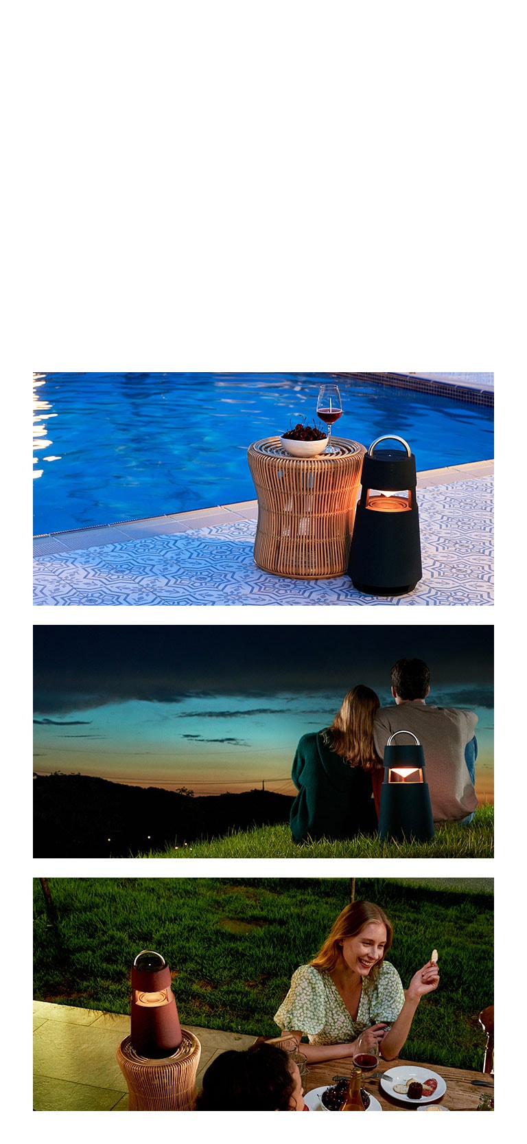 "Pilt, kus XBOOM 360 on kollases välibasseinis. Pilt, kus XBOOM 360 on naise ja mehe taga, kes vaatavad päikeseloojangu öötaevast. Pilt, kus kollase valgustusega XBOOM 360 on pidu nautivast naisest vasakul."