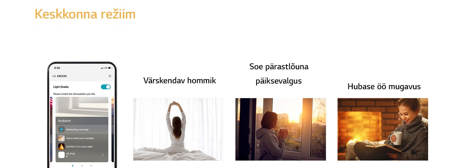 "Pilt mobiiltelefonist, kus APP ekraan on sisse lülitatud keskkonna režiimis. Pildid naistest, kes istuvad voodil meenutades ja venitades, vaatavad päikeseloojangut või teevad raamatu lugemises pausi."