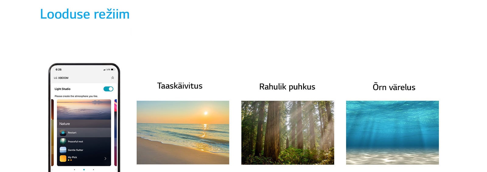 "Pilt mobiiltelefonist, kus APP ekraan on sisse lülitatud looduse režiimis. Pilt rannast päikseloojangus Pilt päikseküllasest metsast. Pilt valgusest, mis paistab selges meres."