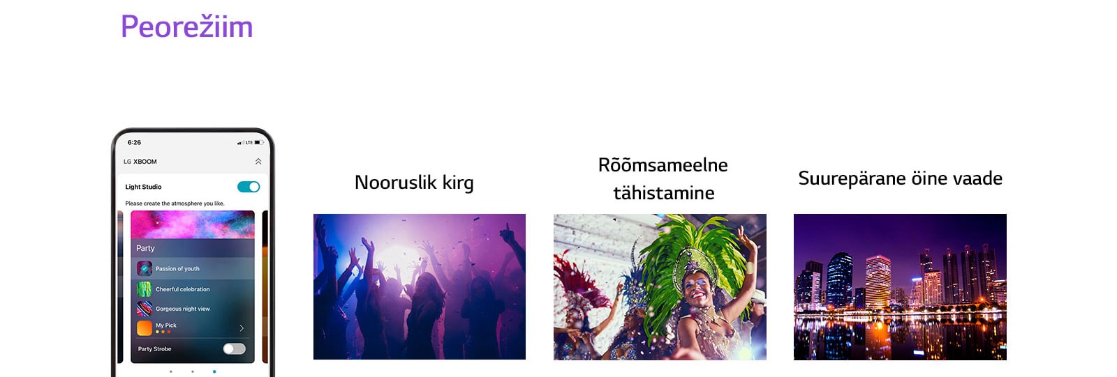 "Pilt mobiiltelefonist, mille APP-ekraan on sisse lülitatud peorežiimis. Siluettpildid klubides tantsivatest inimestest. Pilt naisest, kes kannab värvilisi peorõivaid. Öine vaade neoonvärvides linnale."