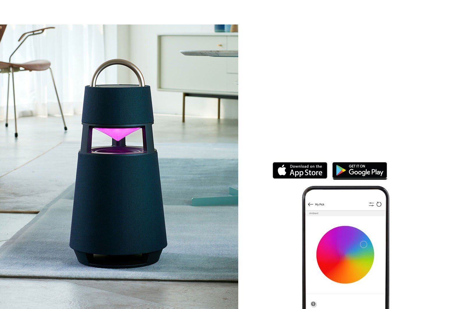GIF-pilt, kus ruumi põrandale asetatud XBOOM 360 reflektor muudab värvi sõltuvalt mobiiltelefoni ekraanil liikuvatest värvidest.