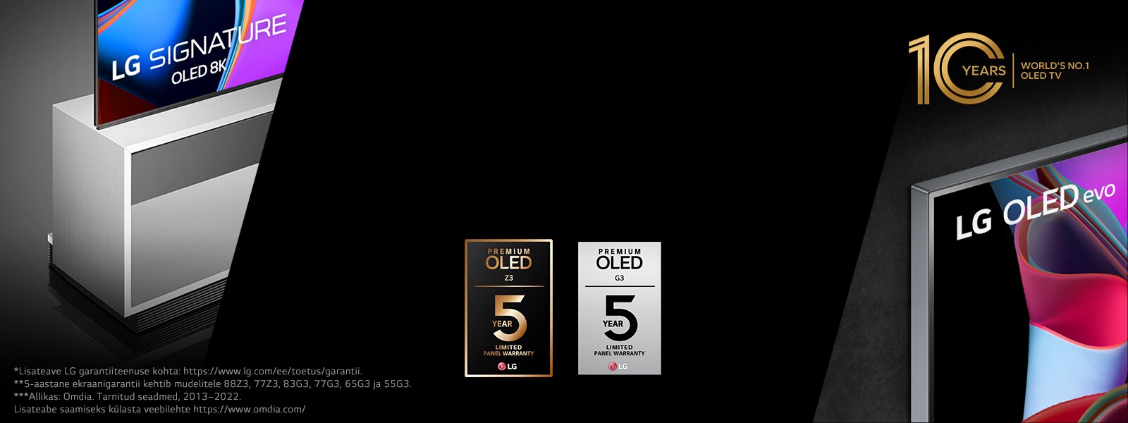 Pildi vasakul poolel on LG OLED Z3 külgvaade koos põrandaalusega. Paremal poolel on mudeli LG OLED G3 Gallery Design. Pildi keskel on 5-aastase garantii logod. Pildil on ka embleem „10 aastat maailma nr. 1 OLED-televiisor“.