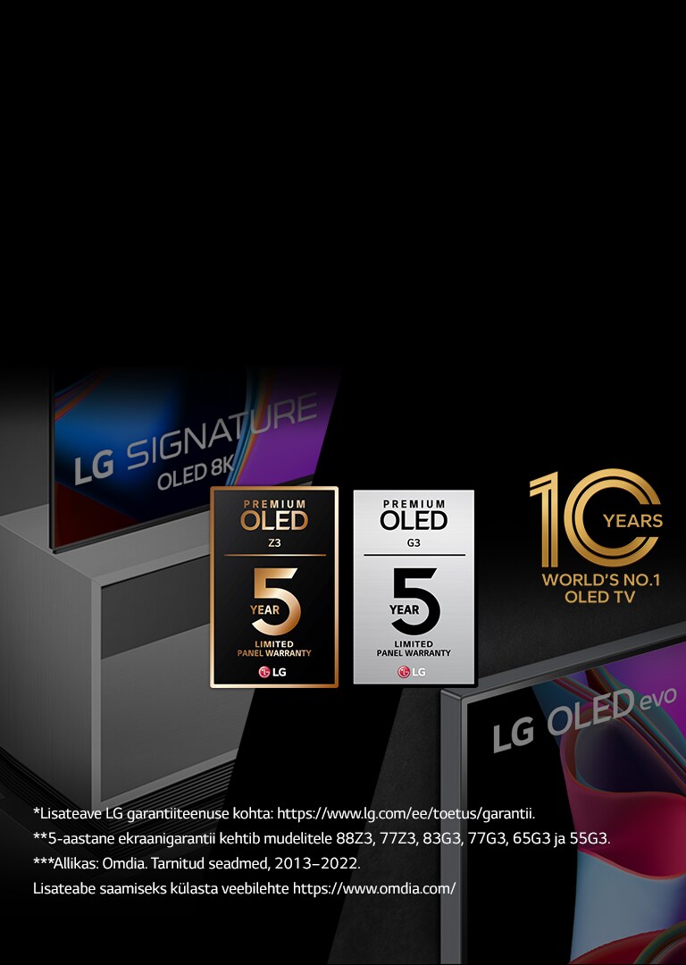Pildi vasakul poolel on LG OLED Z3 külgvaade koos põrandaalusega. Paremal poolel on mudeli LG OLED G3 Gallery Design. Pildi keskel on 5-aastase garantii logod. Pildil on ka embleem „10 aastat maailma nr. 1 OLED-televiisor“.